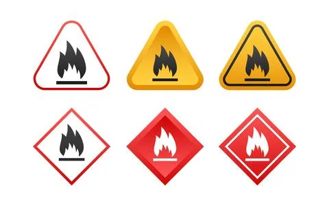 Flammable warning signs set indicating fire hazard Stock Illustration