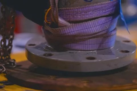 Flanged connection, pipe with flange, wrapped with rope. Stock Photos