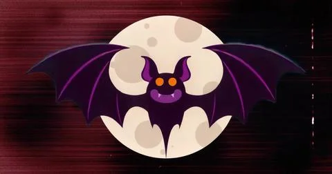 Flapping cartoon bat spreading purple wings in abstract night scene, with full Illustrazione stock