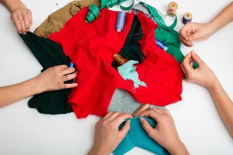 Flaps of colored fabric on the table Stock Photos