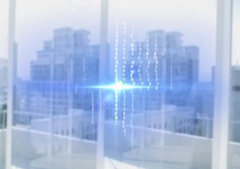 Flare and code against glass and blurry buildings Stockfoto's