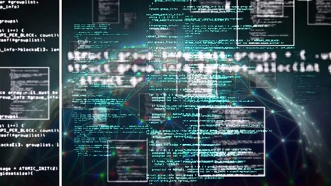 Flare appearing, code panels drifting, network sphere rotating, teal code Stock Footage 334337457