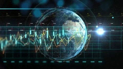 Flare glowing starting 3D globe rotating, line graphs shifting, bars rising, Stock Footage 335255250