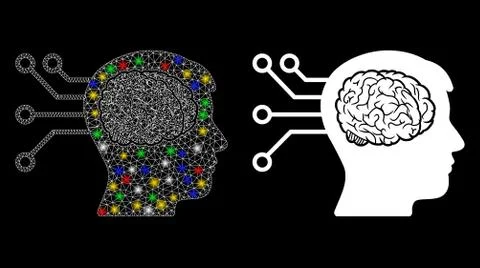 Flare Mesh 2D Brain Computer Connection Icon with Flash Spots イラスト素材