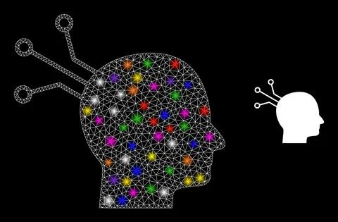 Flare Mesh Brain Link Icon with Constellation Colored Lightspots Illustrazione stock