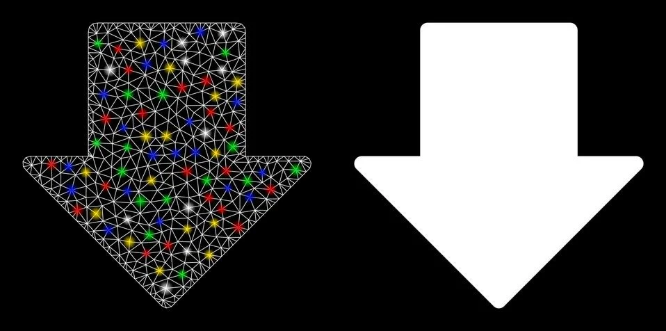 Flare Mesh Network Arrow Down Icon with Flare Spots Stock Illustration