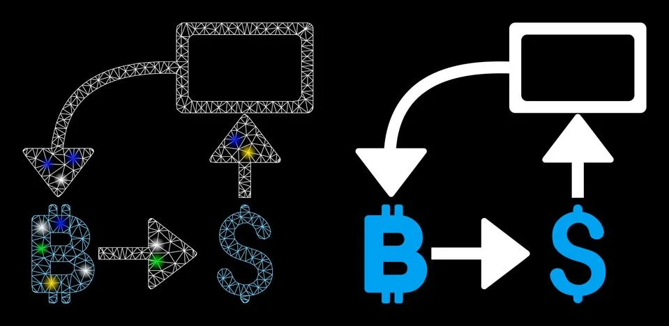 Flare Mesh Network Bitcoin Dollar Flow Chart Icon with Flare Spots Stock Illustration