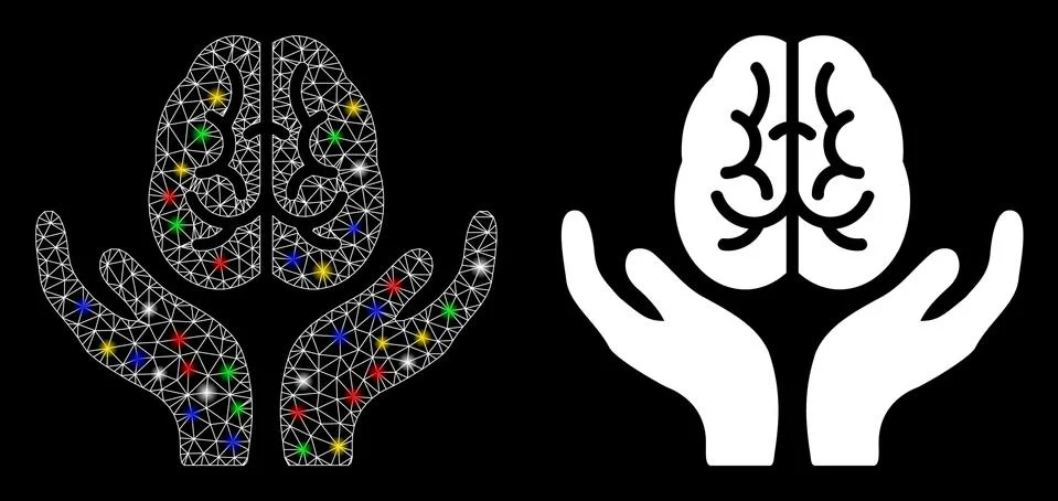 Flare Mesh Network Brain Care Hands Icon with Flare Spots Stock Illustration