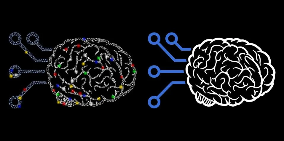 Flare Mesh Network Brain Computer Interface Icon with Flare Spots Stock Illustration