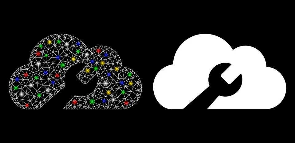 Flare Mesh Network Cloud Wrench Tools Icon with Flare Spots Illustrazione stock
