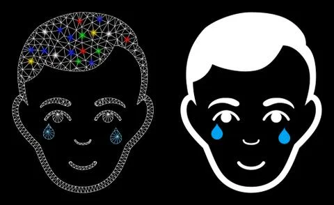 Flare Mesh Network Crying Man Face Icon with Flare Spots Stock Illustration