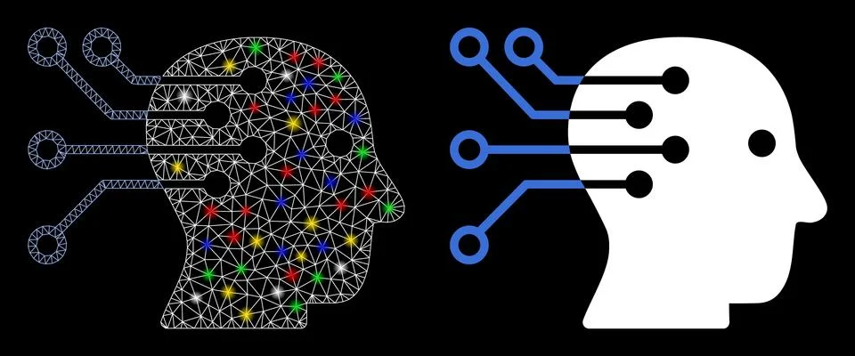 Flare Mesh Network Cyborg Brain Interface Circuit Icon with Flare Spots 스톡 일러스트