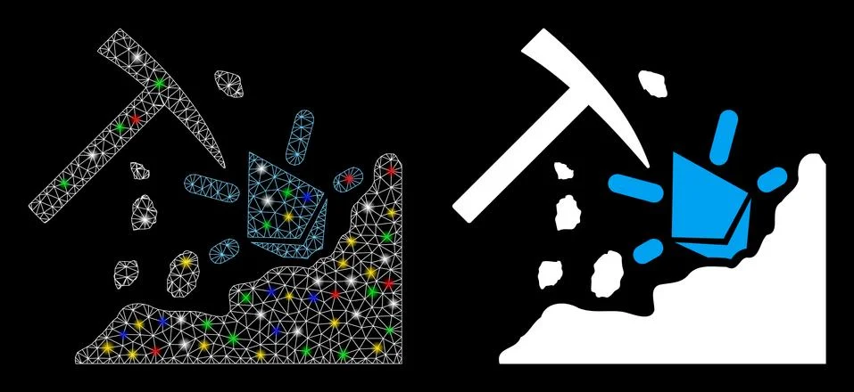 Flare Mesh Network Ethereum Mining Hammer Icon with Flare Spots 스톡 일러스트
