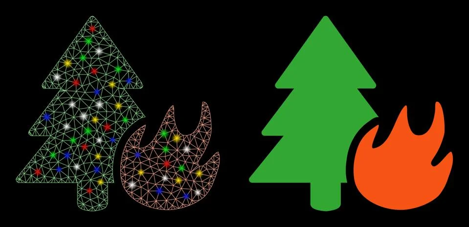 Flare Mesh Network Forest Fire Icon with Flare Spots Illustrazione stock