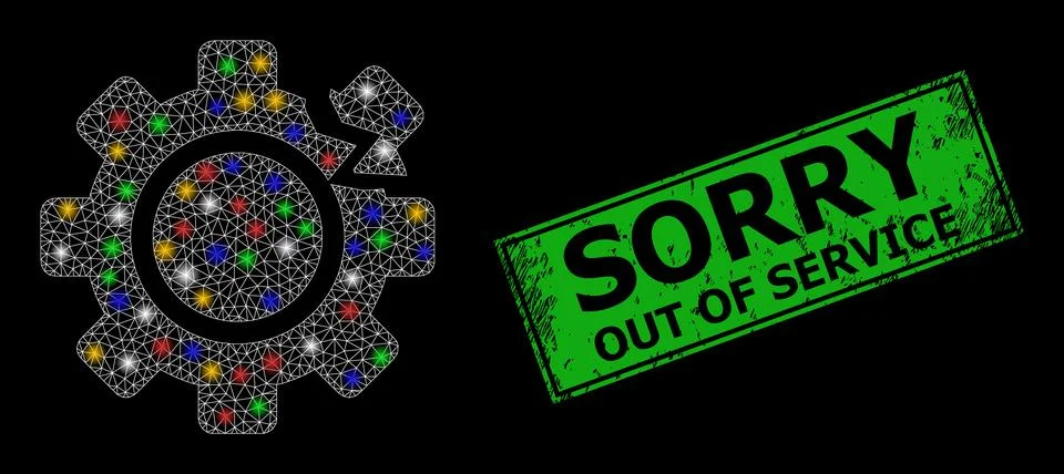 Flare mesh network gear break with colored flash nodes, and grunge Sorry out  Stock Illustration