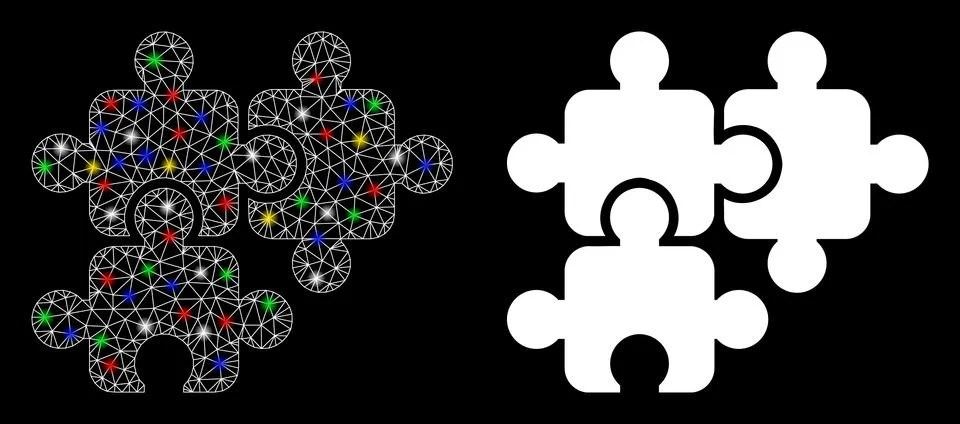 Flare Mesh Network Puzzle Elements Icon with Flare Spots Illustrazione stock