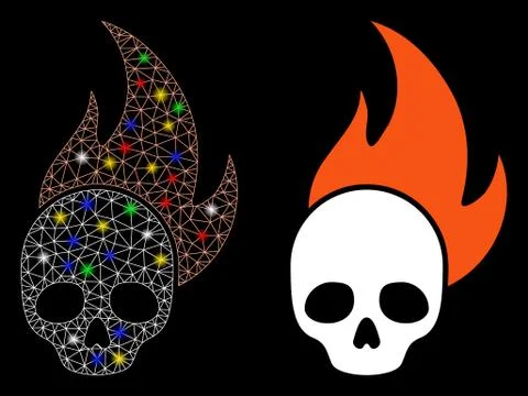 Flare Mesh Network Skull Fire Icon with Flare Spots Illustrazione stock