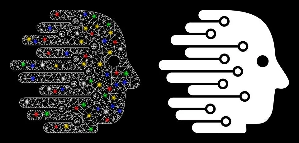 Flare Mesh Wire Frame Artificial Intelligence Icon with Flare Spots Stock Illustration