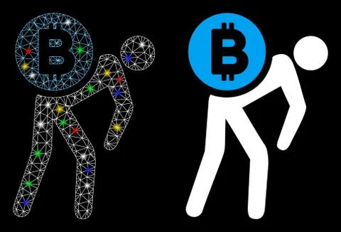 Flare Mesh Wire Frame Bitcoin Courier Man Icon with Flare Spots Stock Illustration