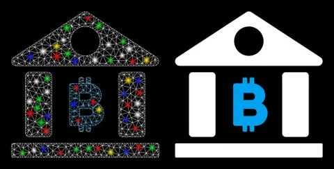 Flare Mesh Wire Frame Bitcoin Bank Building Icon with Flare Spots Ilustración de archivo