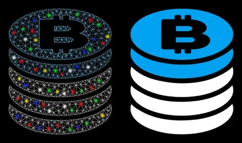 Flare Mesh Wire Frame Bitcoin Coin Stack Icon with Flare Spots Illustrazione stock