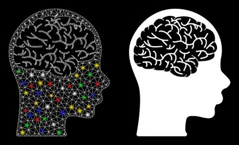 Flare Mesh Wire Frame Brain Icon with Flare Spots Stock Illustration