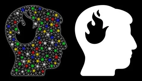Flare Mesh Wire Frame Brain Fire Icon with Flare Spots Illustrazione stock