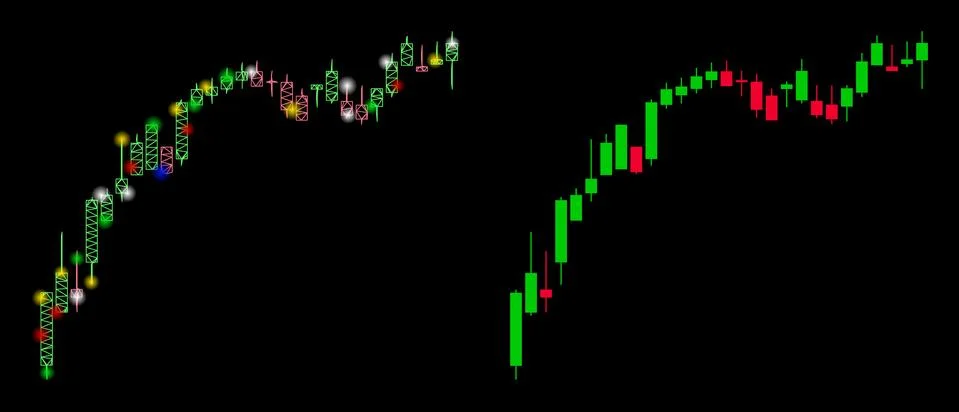 Flare Mesh Wire Frame Candlestick Chart Growth Slowdown Icon with Flare Spots 스톡 일러스트