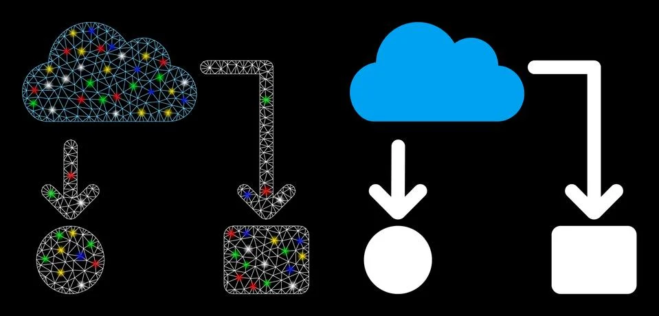 Flare Mesh Wire Frame Cloud Flow Chart Icon with Flare Spots Stock Illustration