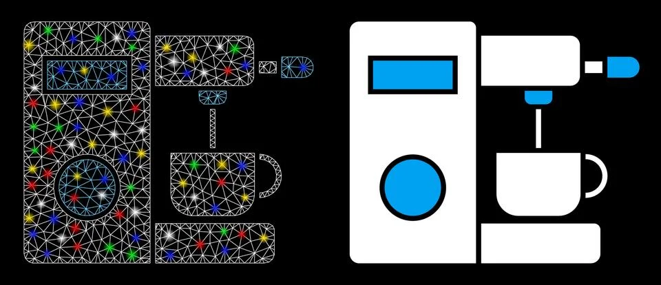 Flare Mesh Wire Frame Coffee Machine Icon with Flare Spots Illustrazione stock