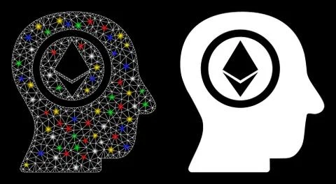 Flare Mesh Wire Frame Ethereum Mind Head Icon with Flare Spots Stock Illustration