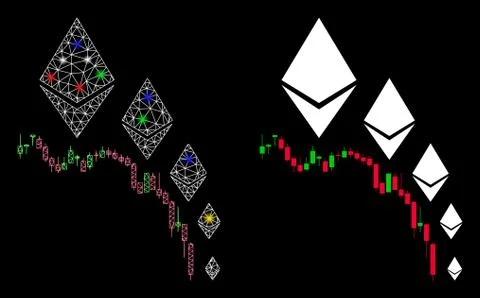 Flare Mesh Wire Frame Ethereum Deflation Chart Icon with Flare Spots 스톡 일러스트