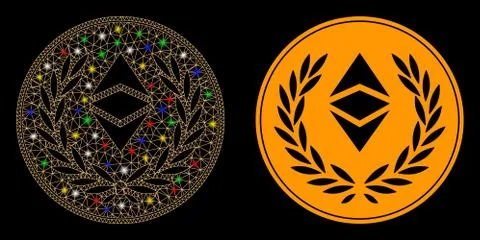 Flare Mesh Wire Frame Ethereum Classic Laurel Coin Icon with Flare Spots 스톡 일러스트