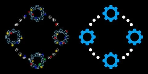 Flare Mesh Wire Frame Gear Virtual Connection Icon with Flare Spots Stock-Illustration