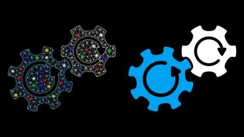 Flare Mesh Wire Frame Gears Rotation Icon with Flare Spots Stock-Illustration