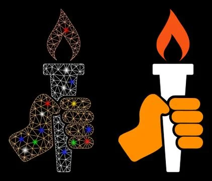 Flare Mesh Wire Frame Hand with Fire Torch Icon with Flare Spots イラスト素材