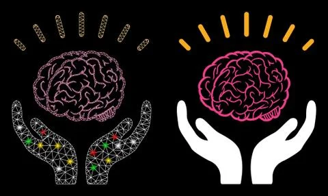 Flare Mesh Wire Frame Human Brain Knowledge Icon with Flare Spots Stock Illustration