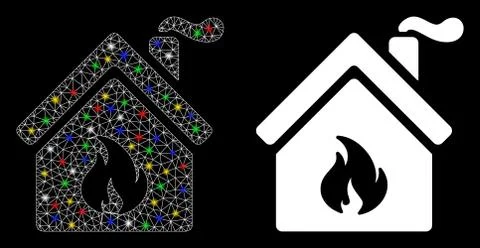 Flare Mesh Wire Frame Kitchen Fire Icon with Flare Spots Stock Illustration