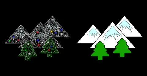 Flare Mesh Wire Frame Mountains Forest Icon with Flare Spots Stock Illustration