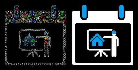 Flare Mesh Wire Frame Realty Developer Calendar Day Icon with Flare Spots 스톡 일러스트