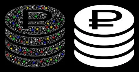 Flare Mesh Wire Frame Rouble Coins Stack Icon with Flare Spots Illustrazione stock