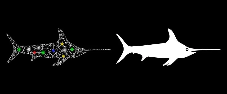 Flare Mesh Wire Frame Sword Fish Icon with Flare Spots Stock Illustration
