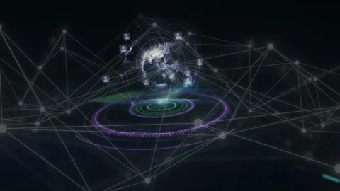 Flare rising above rings making rotating globe, nodes filling mesh and adding Vídeo Stock 332545129