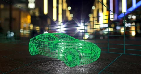 With flare rising, green wireframe car pulsing, teal grid forming, lights Stock Footage 332401539