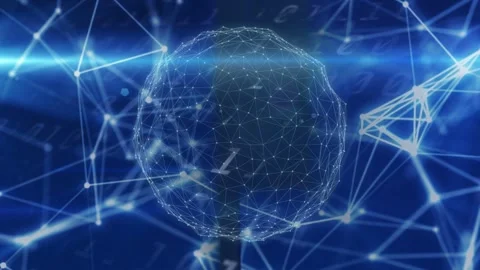 Flare sweeping wire mesh sphere rotating nodes pulsing links reaching joining Stock Footage 334729095