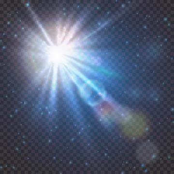 Flash burst of star light with blur and lens flare effect. Shining sun glow Stock Illustration