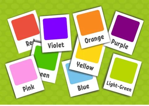 Flash cards. Learning colors. Vector illustration isolated on green backgroun Stock Illustration