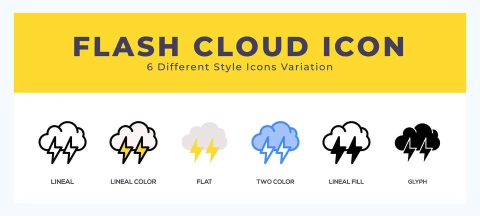 Flash cloud icon set with different styles. Icons designed in filled. outli.. Stock Illustration