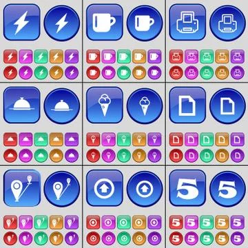 Flash, Cup, Printer, Tray, Icecream, File, Route, Arrow up, Five. A large set of Stock Illustration