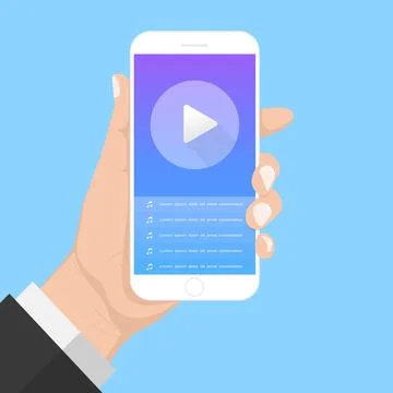 Flash Design with long shadow Hand Holding the smart phone with  multimedia a Stock Illustration